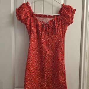 Red Floral Puff Sleeve Midi Dress